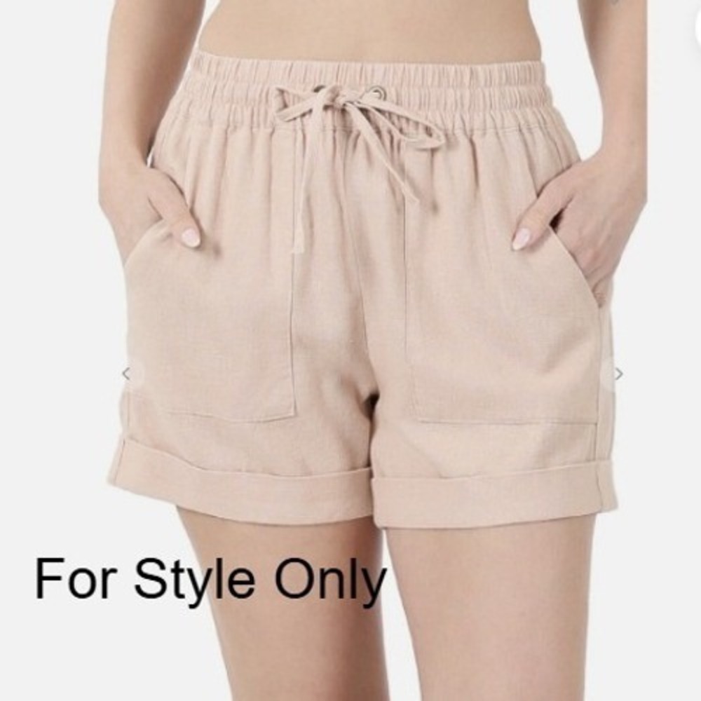 Zenana Women's‎ Linen Blend Shorts Black 3X Elastic Waist Drawstring Pockets - Picture 2 of 8